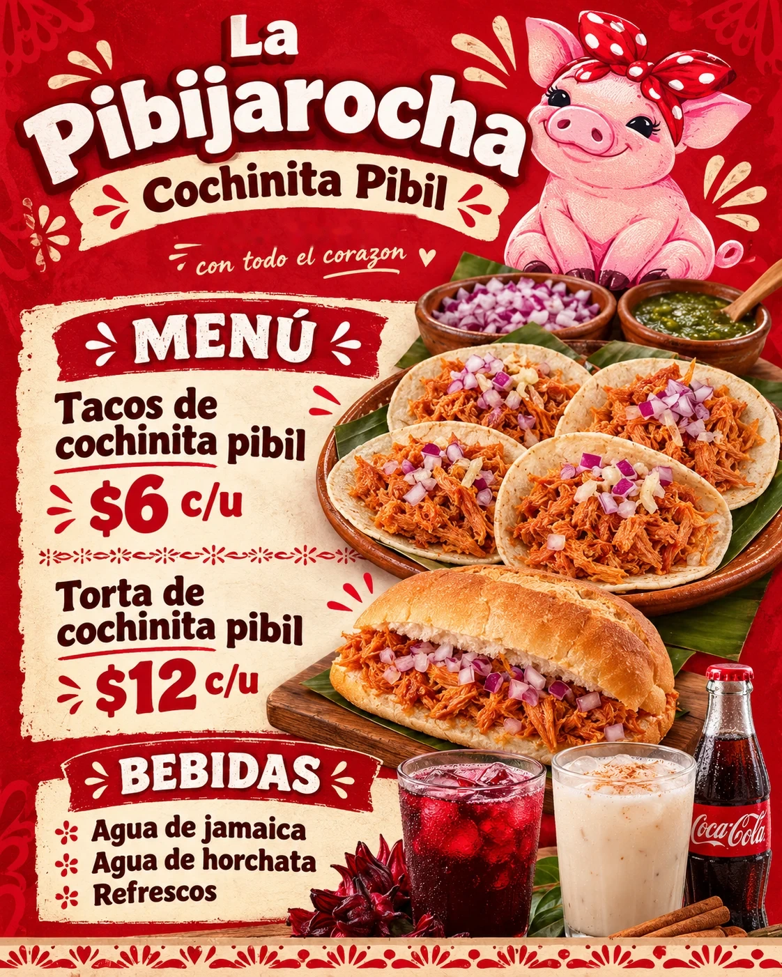 Menú ilustrado de La Pibijarocha con taco a $6, torta a $12 y aguas frescas